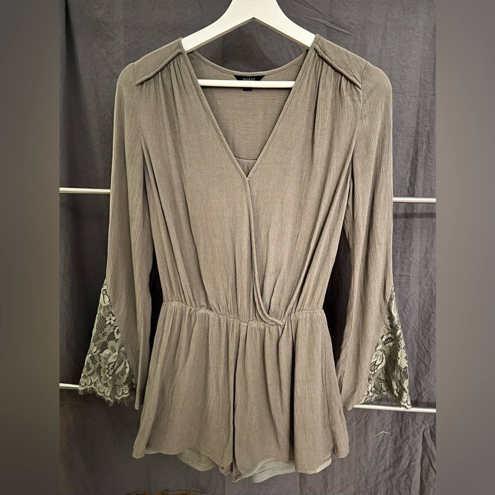 Guess olive green romper with lace sleeves